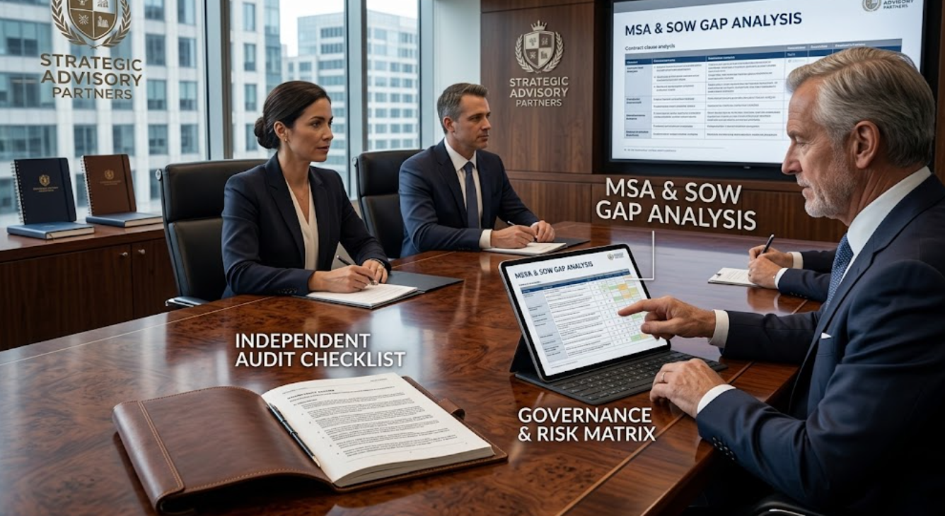 Independent vendor review meeting examining audit, governance, and contract materials